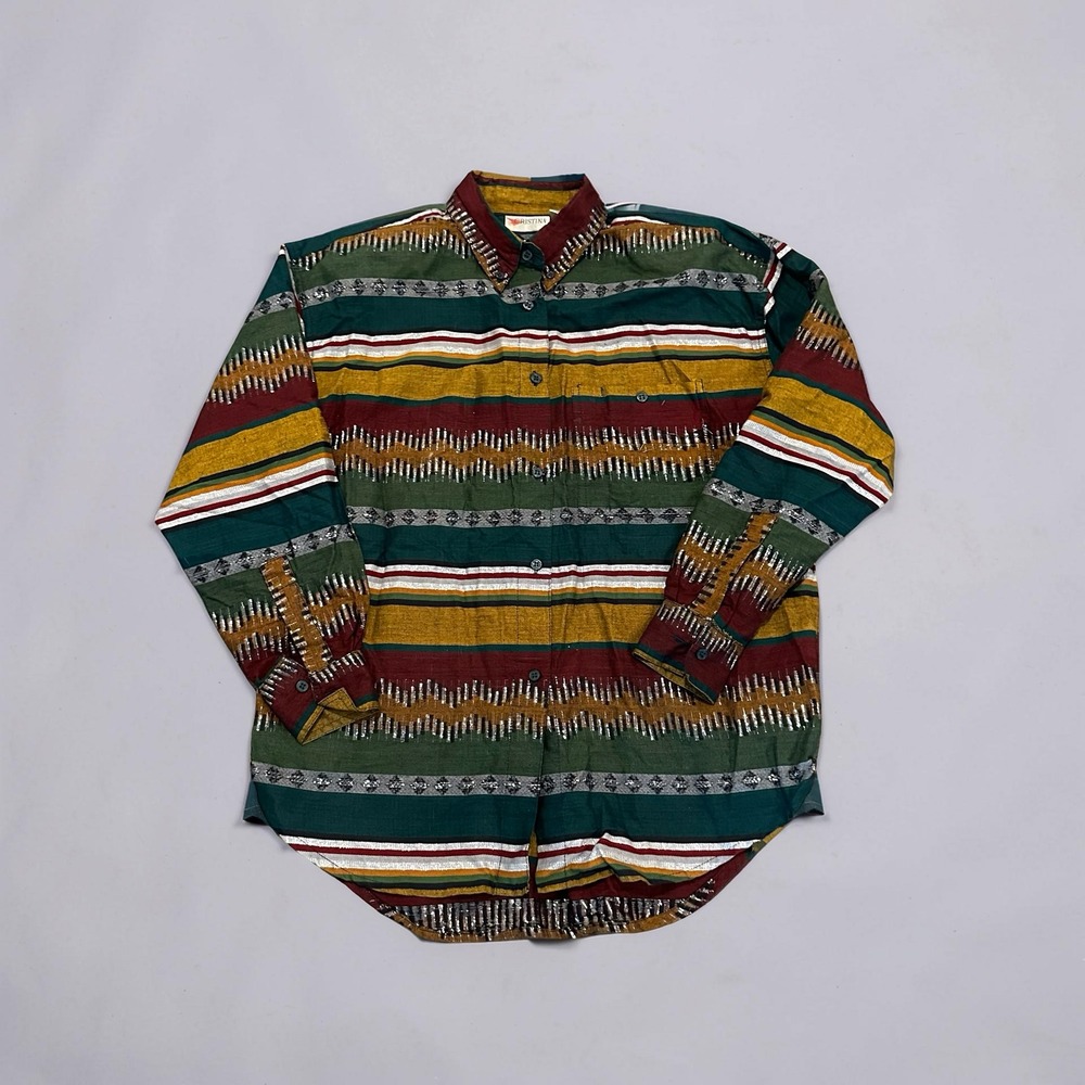 Vintage CRISTINA 90s Southwestern Shirt M Cotton Aztec Geometric Multi Metallic